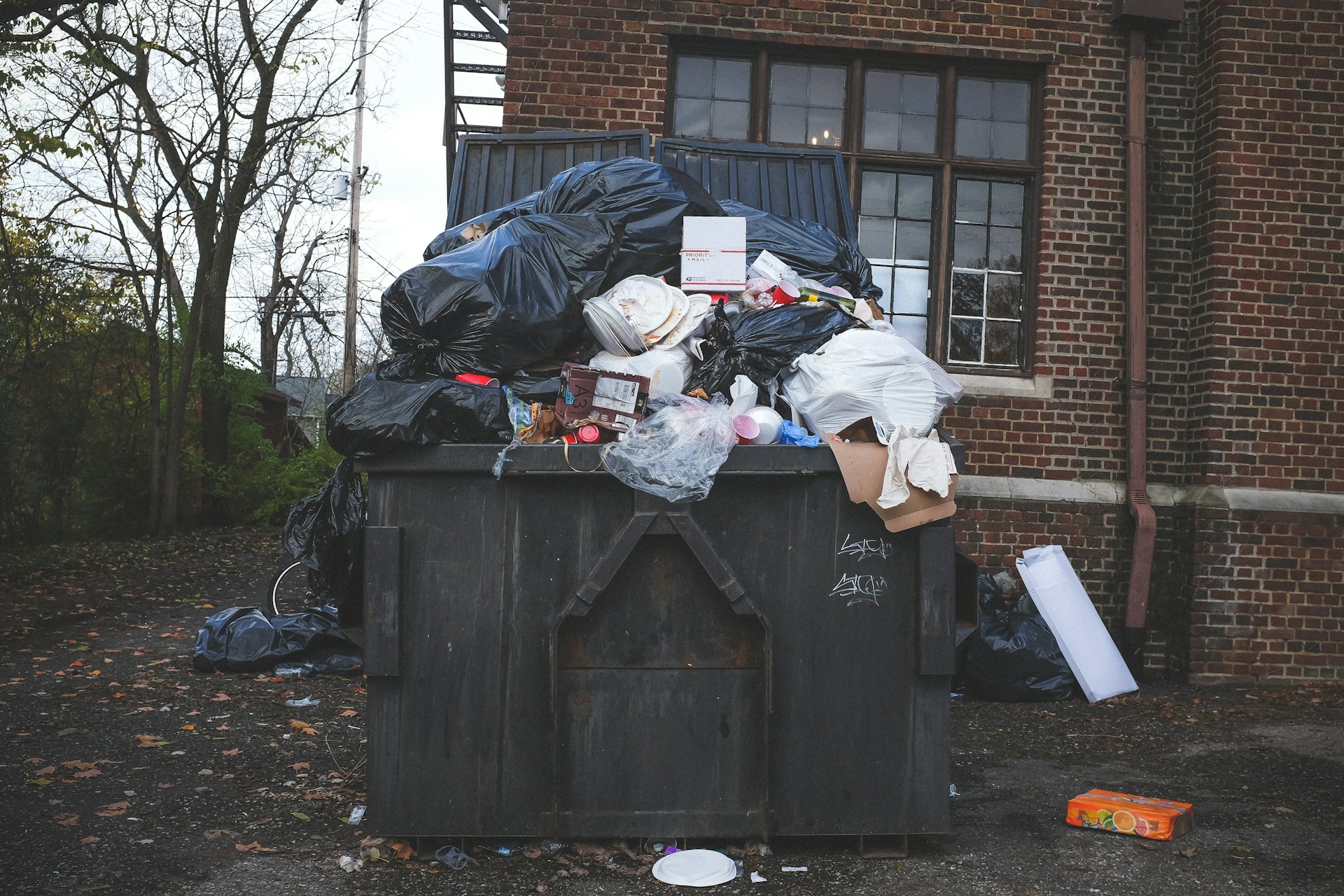 Overflowing commercial waste bin